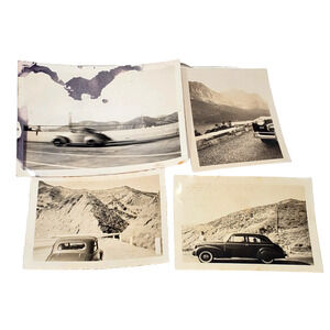 Vtg 1940s B&W Photo Ford Car Traveling Mountain Snapshot Head Light Driving